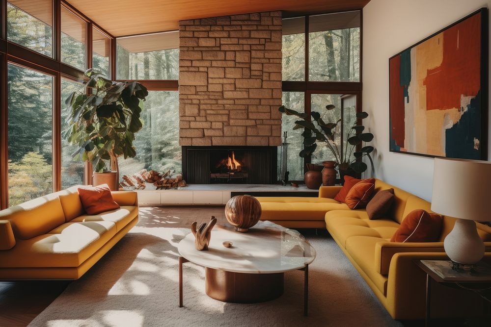 Modern midcentury living room architecture fireplace furniture. AI generated Image by rawpixel.