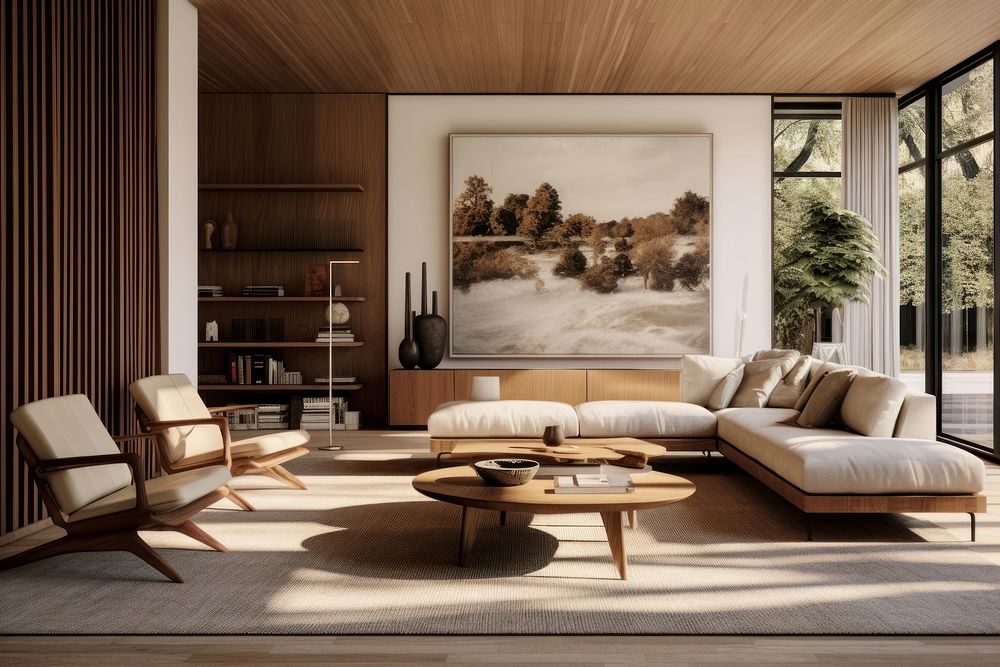 Modern midcentury living room architecture furniture building. 