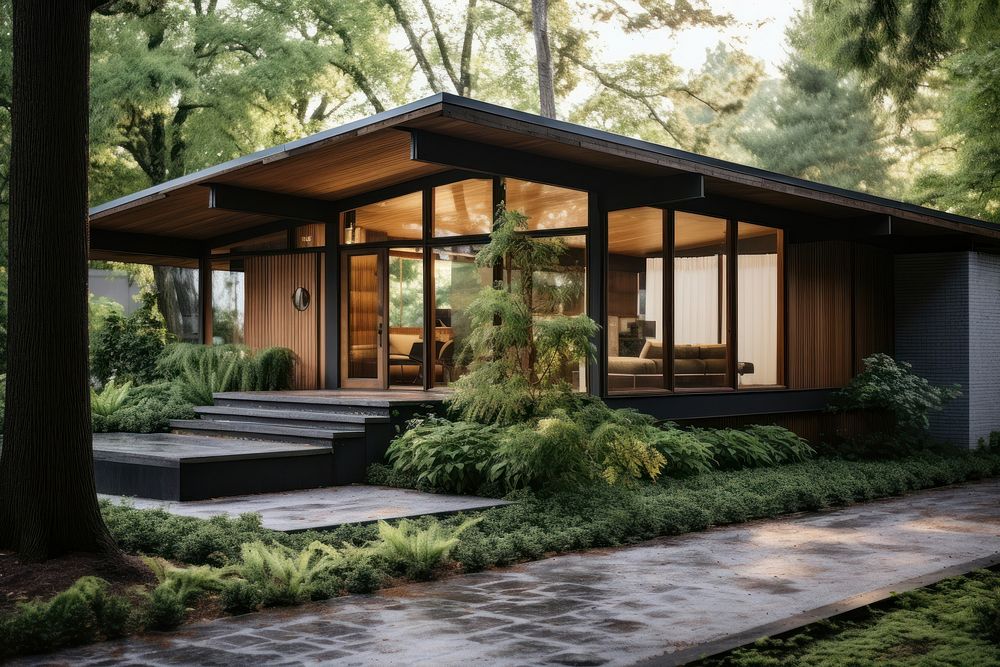 Midcentury modern house architecture building outdoors. AI generated Image by rawpixel.