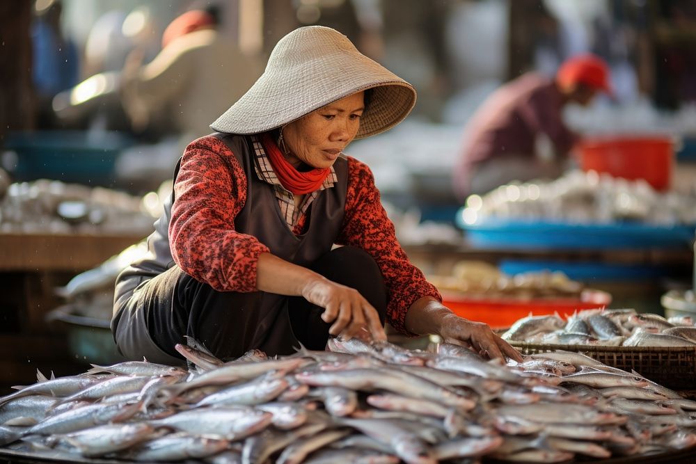 South east asia female vendor market adult fish. AI generated Image by rawpixel.