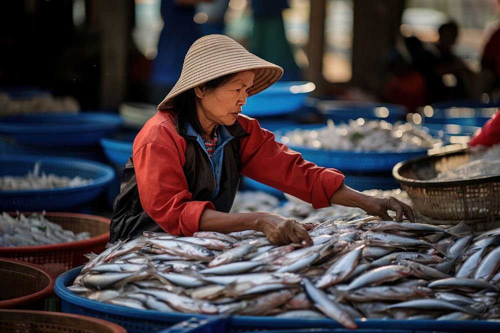 South east asia female vendor market adult fish. AI generated Image by rawpixel.