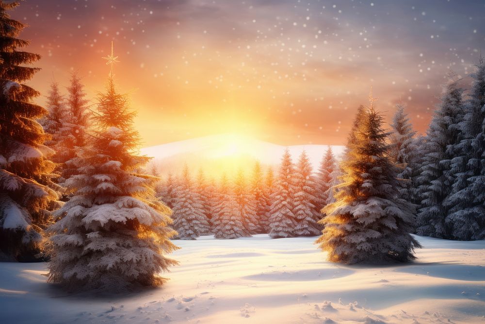 Pine trees landscape christmas sunlight outdoors. AI generated Image by rawpixel.
