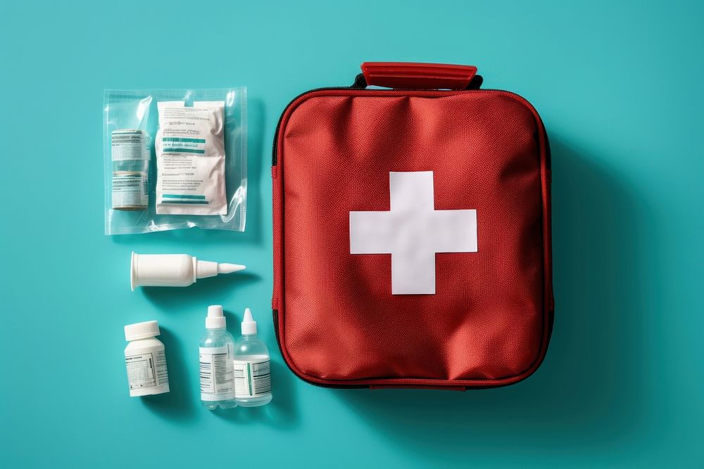 First aid kit blue container medicine. AI generated Image by rawpixel.