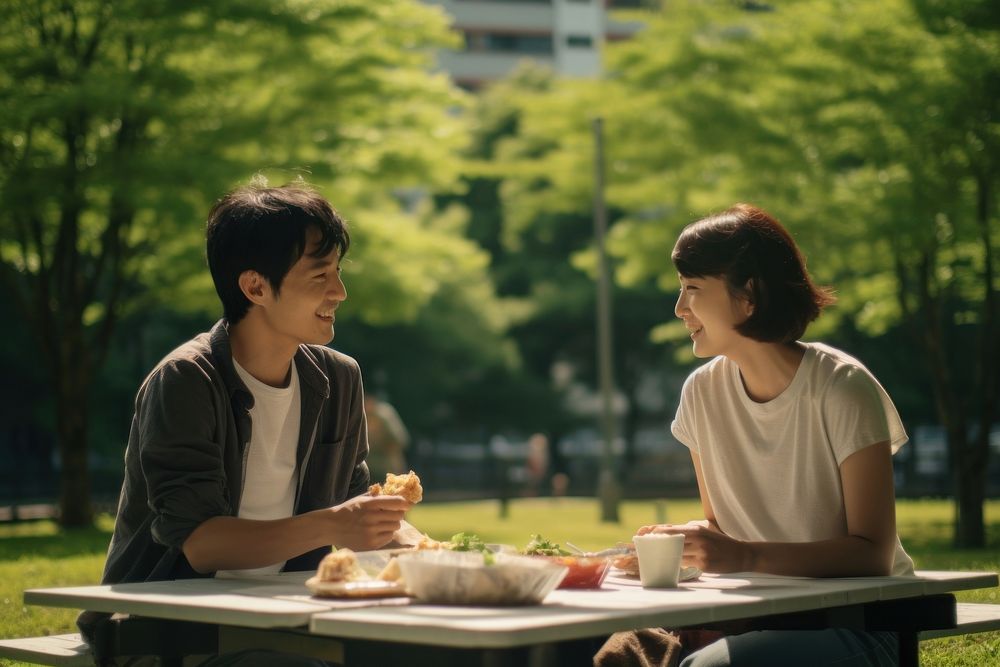 Japanese couple conversation park cup. AI generated Image by rawpixel.