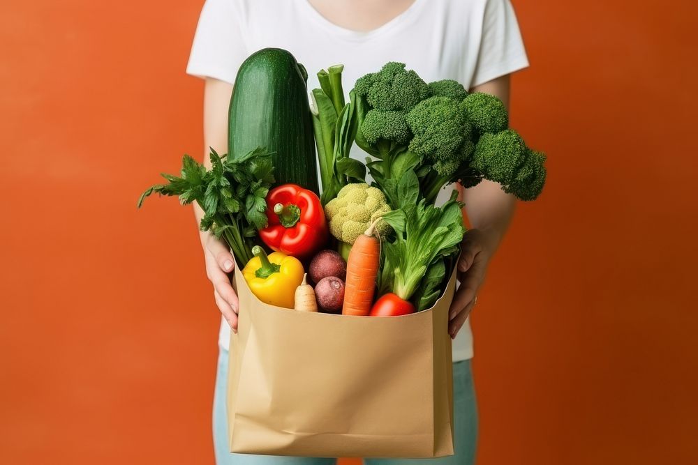 Vegetables bag woman food. AI generated Image by rawpixel.
