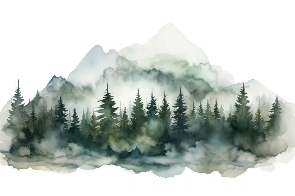 Watercolor foggy forest landscape illustration nature mountain outdoors. AI generated Image by rawpixel.