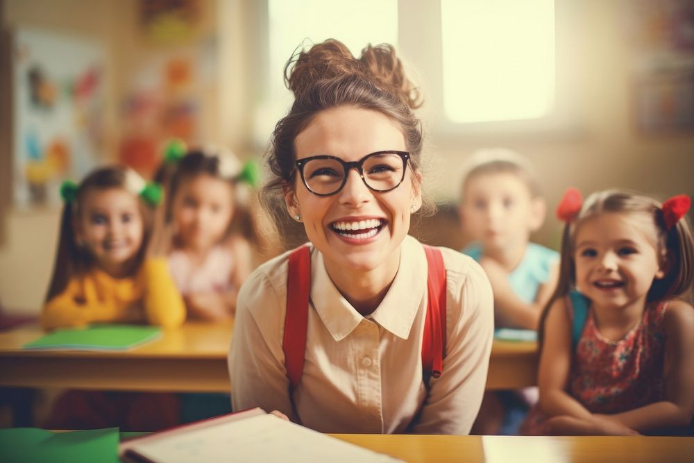 Teacher laughing student glasses. AI generated Image by rawpixel.