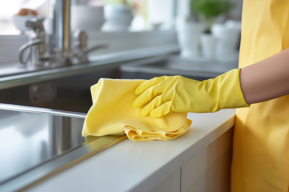 Hand wearing yellow glove cleaning kitchen cleanliness housework standing. AI generated Image by rawpixel.