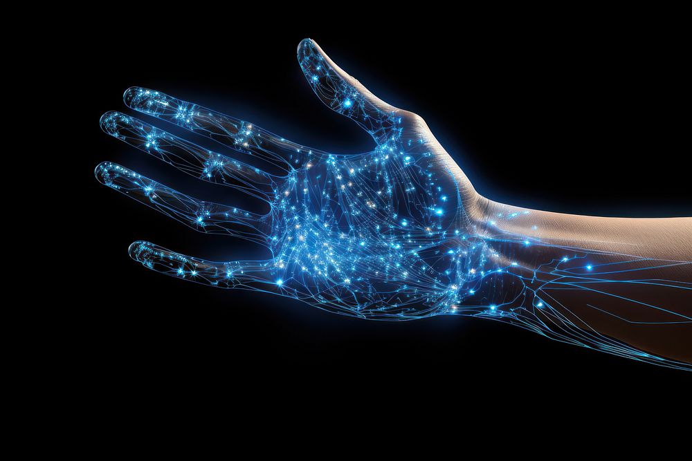 A futuristic digital hand glowing blue electronics. 