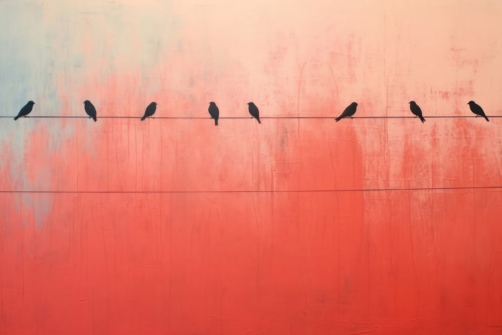 Impression flock of birds on wire animal wall red. AI generated Image by rawpixel.