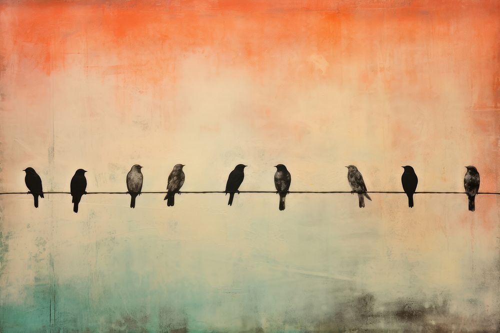Impression flock of birds on wire animal silhouette blackbird. AI generated Image by rawpixel.