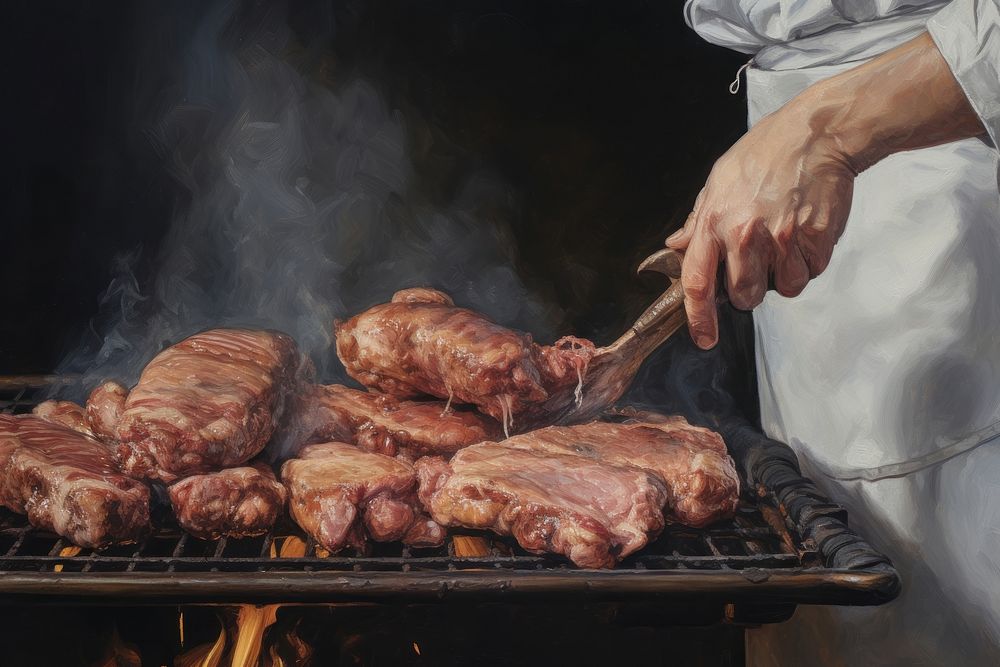 Hand grilling meat cooking food beef. AI generated Image by rawpixel.