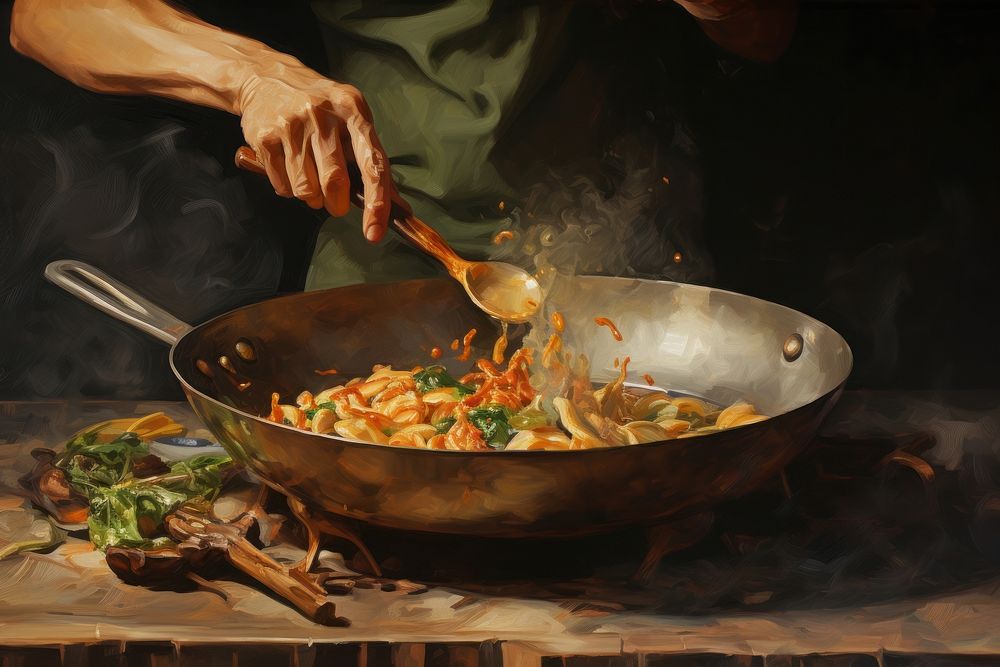 Hand stir frying food painting cooking spoon. AI generated Image by rawpixel.