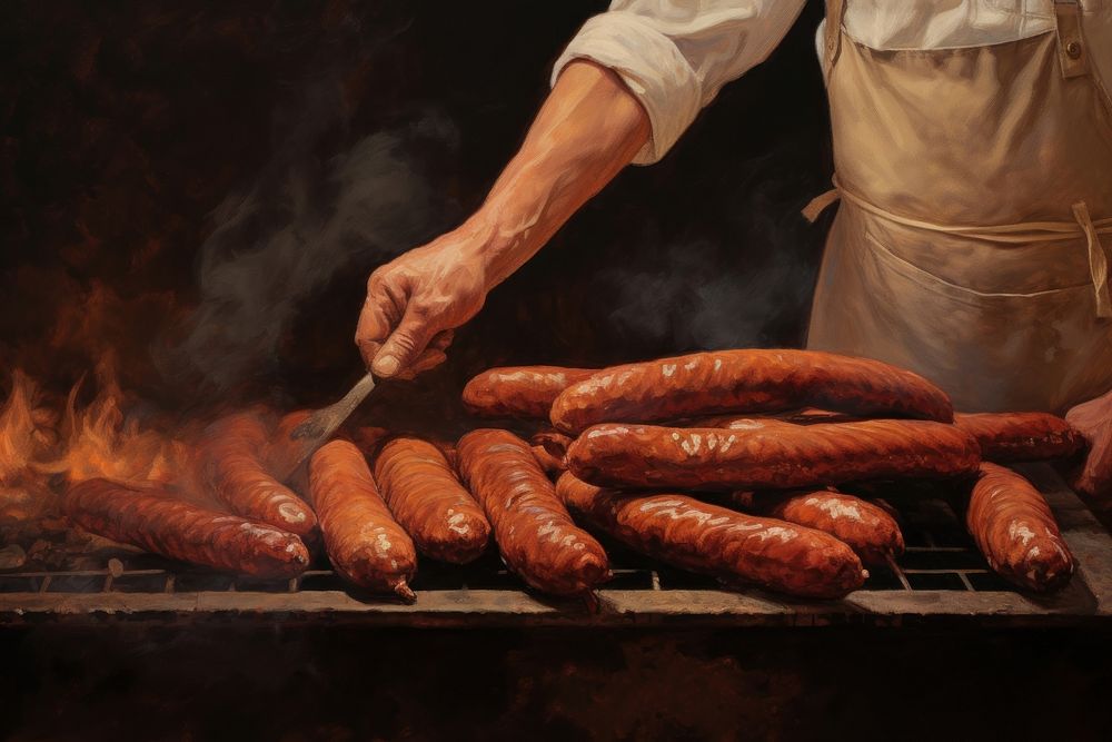Hand roasting sausages grilling cooking adult. AI generated Image by rawpixel.
