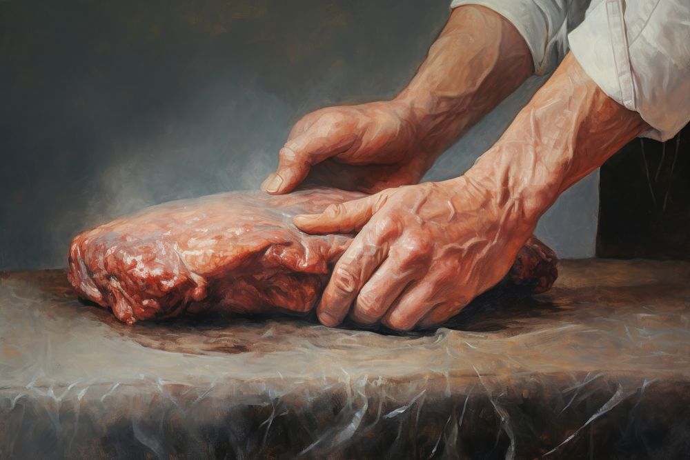 Hand grilling meat painting adult food. AI generated Image by rawpixel.