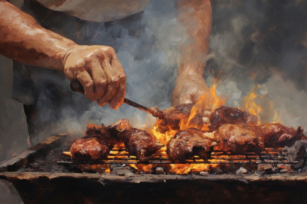 Hand grilling meat cooking food fire. AI generated Image by rawpixel.