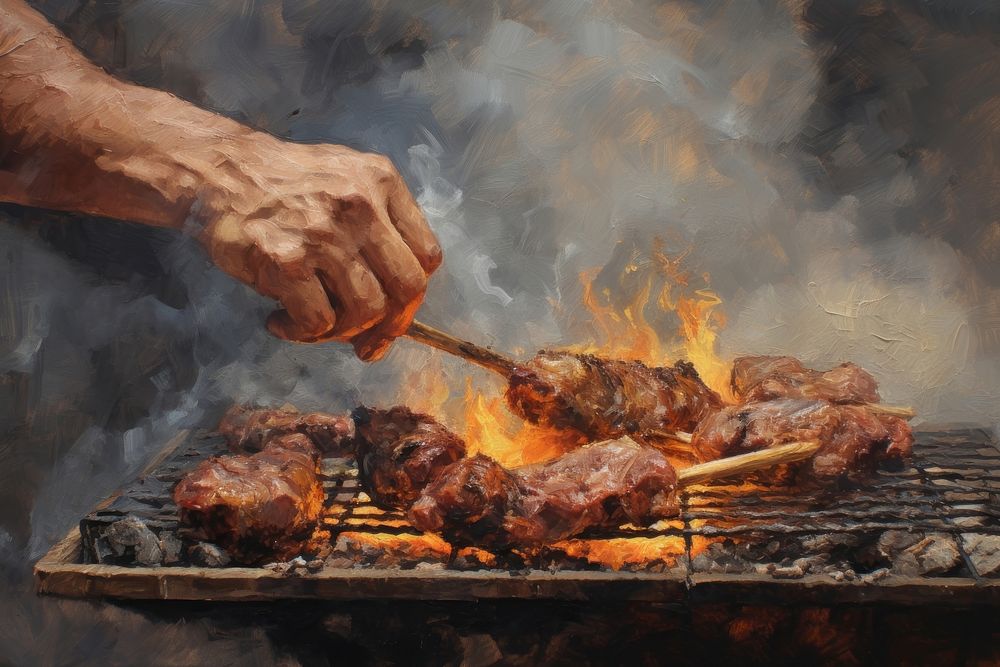 Hand grilling meat cooking food fire. AI generated Image by rawpixel.