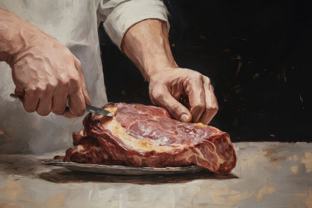 Hand frying steak painting adult meat. AI generated Image by rawpixel.