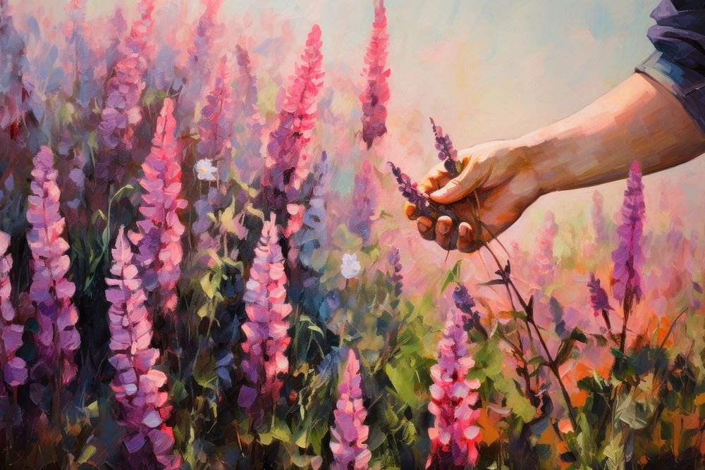 Women hand touching flowers painting outdoors blossom. AI generated Image by rawpixel.