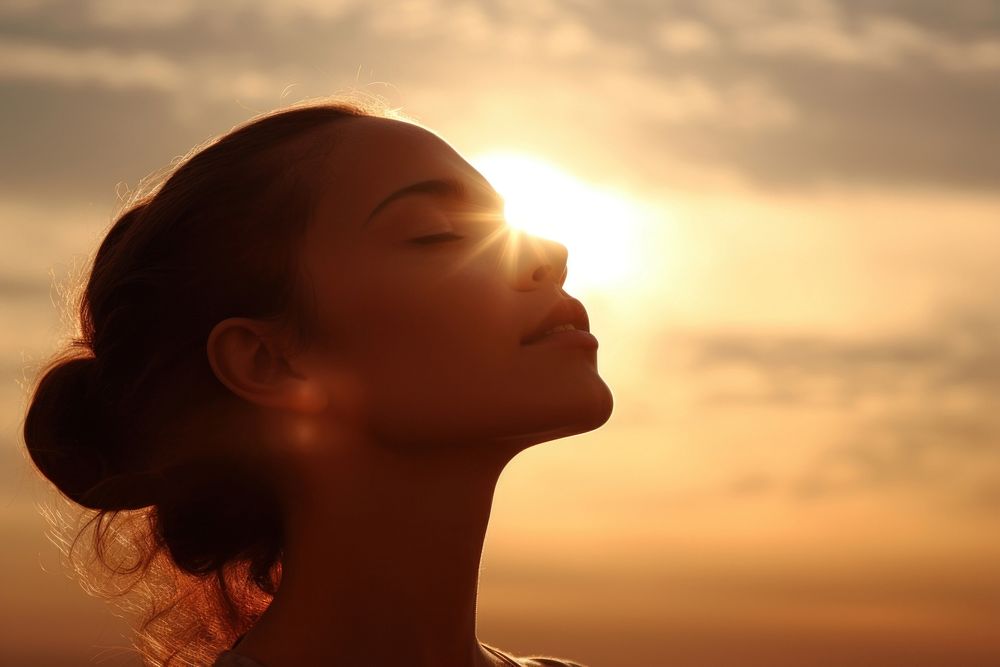 Woman head sun sky sunlight. AI generated Image by rawpixel.
