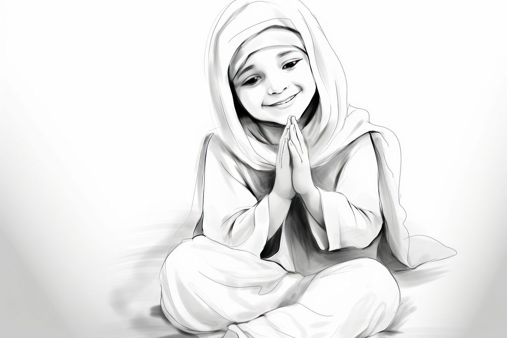 Muslim little girl preying sketch drawing adult. AI generated Image by rawpixel.