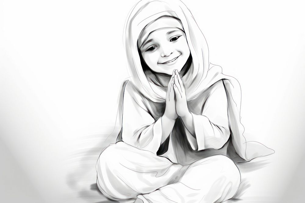 Muslim little girl preying sketch drawing adult. 