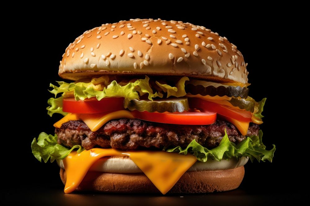 Tasty beef burger cheese food black background. AI generated Image by rawpixel.