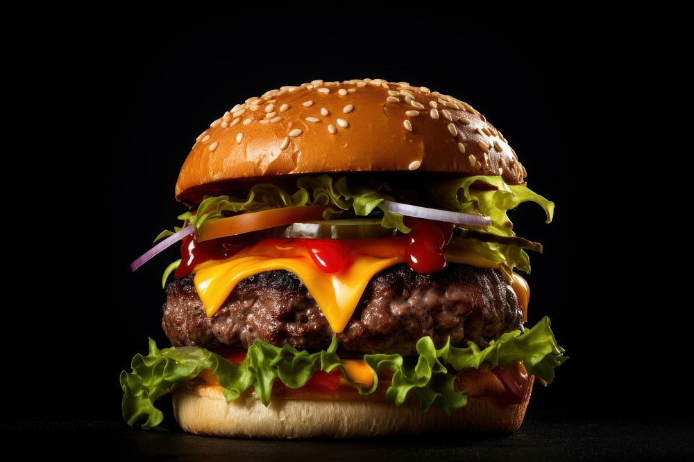 Tasty beef burger cheese food black background. 