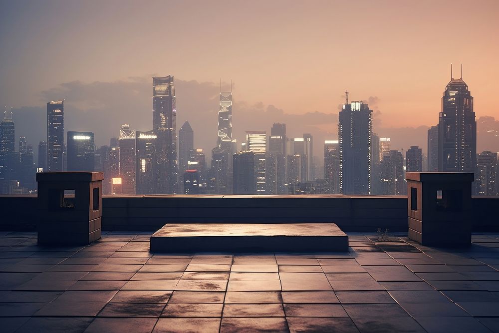 Concrete skyscraper roof top floor foreground city architecture cityscape. AI generated Image by rawpixel.