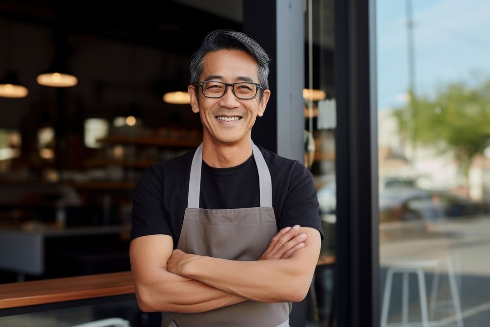 Happy middle age asian man glasses adult apron. AI generated Image by rawpixel.