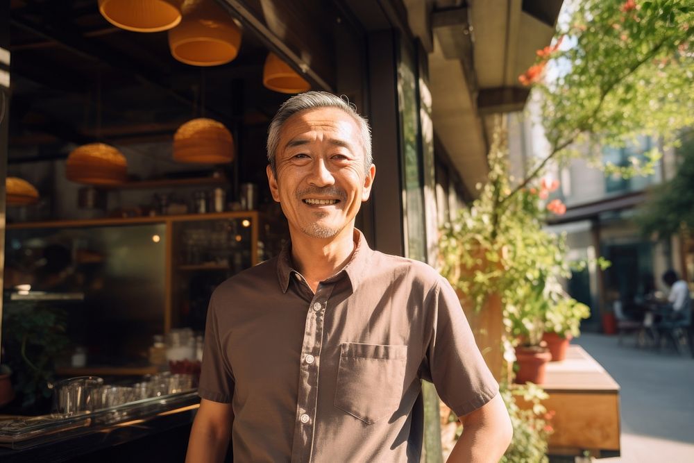 Happy old asian cafe owner smiling adult entrepreneur. AI generated Image by rawpixel.