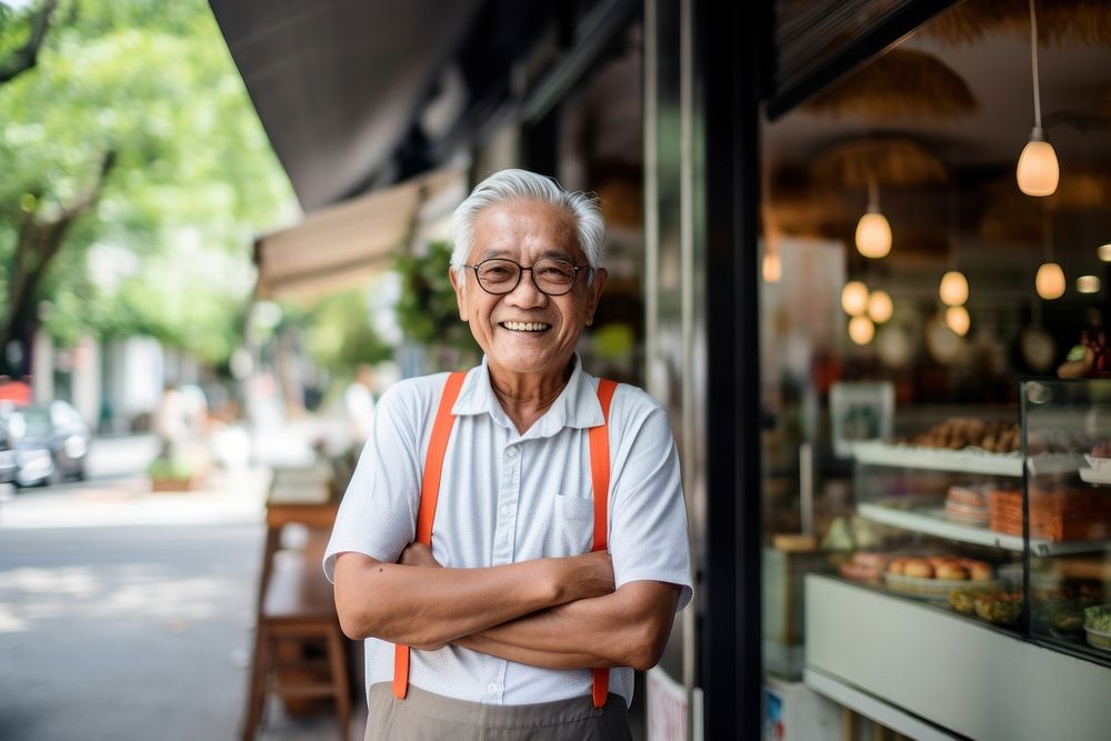 Happy old asian man wearing casual clothes standing holding glasses. AI generated Image by rawpixel.