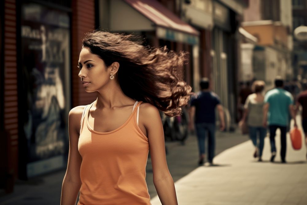 Latina woman street portrait walking. AI generated Image by rawpixel.