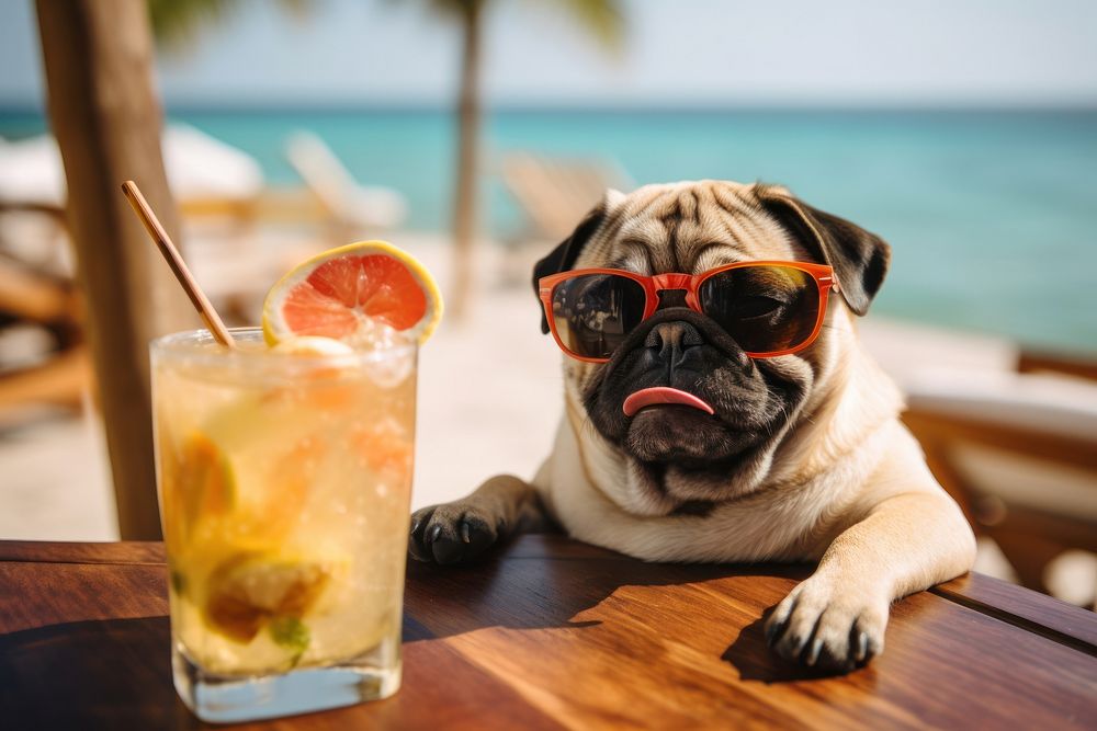 Cocktail pug sunglasses animal. AI generated Image by rawpixel.