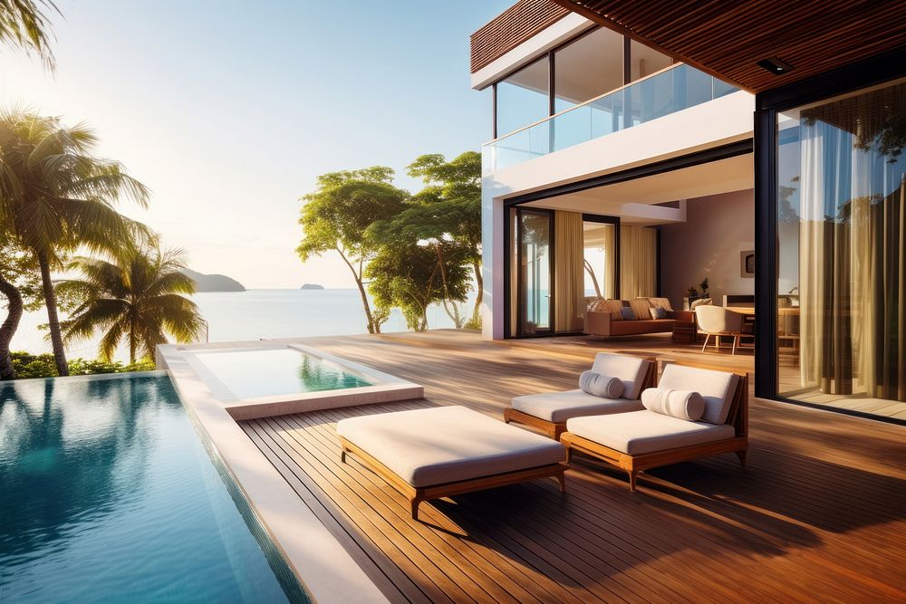 Sea view Luxury modern beach house architecture furniture outdoors. 