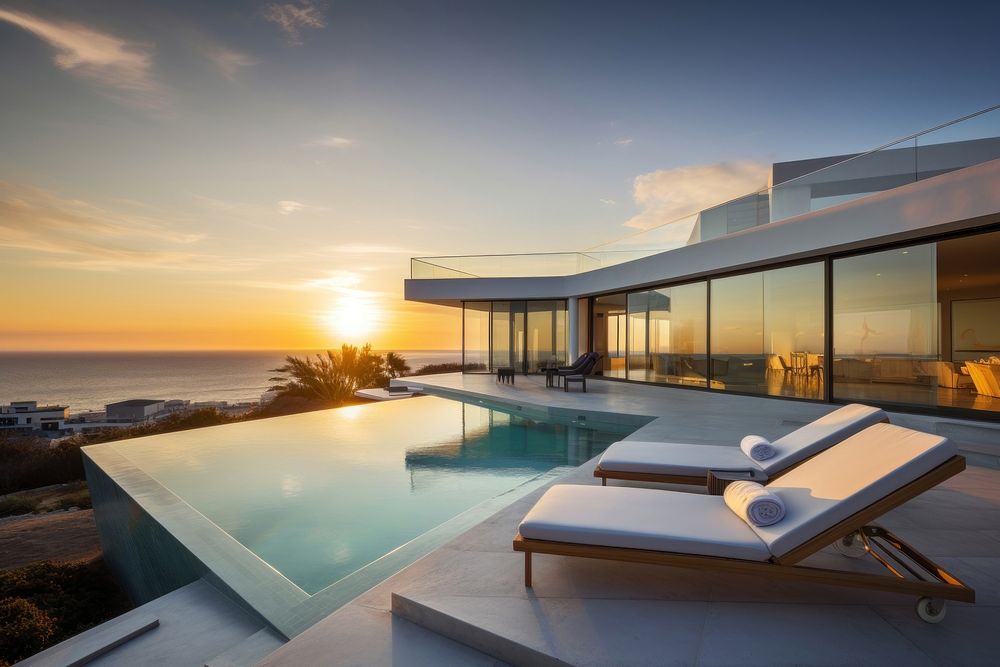Sea view Luxury modern beach house architecture building outdoors. AI generated Image by rawpixel.