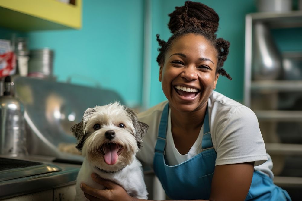 African american women pet care wearing apron cleaning dog smile adult happy. AI generated Image by rawpixel.