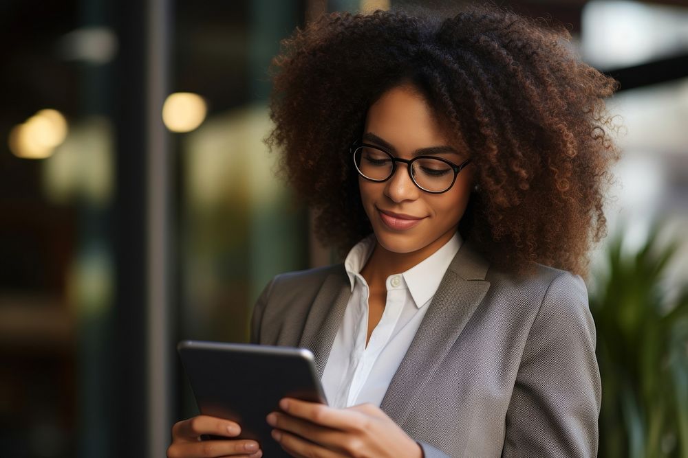 Black woman computer glasses holding. AI generated Image by rawpixel.