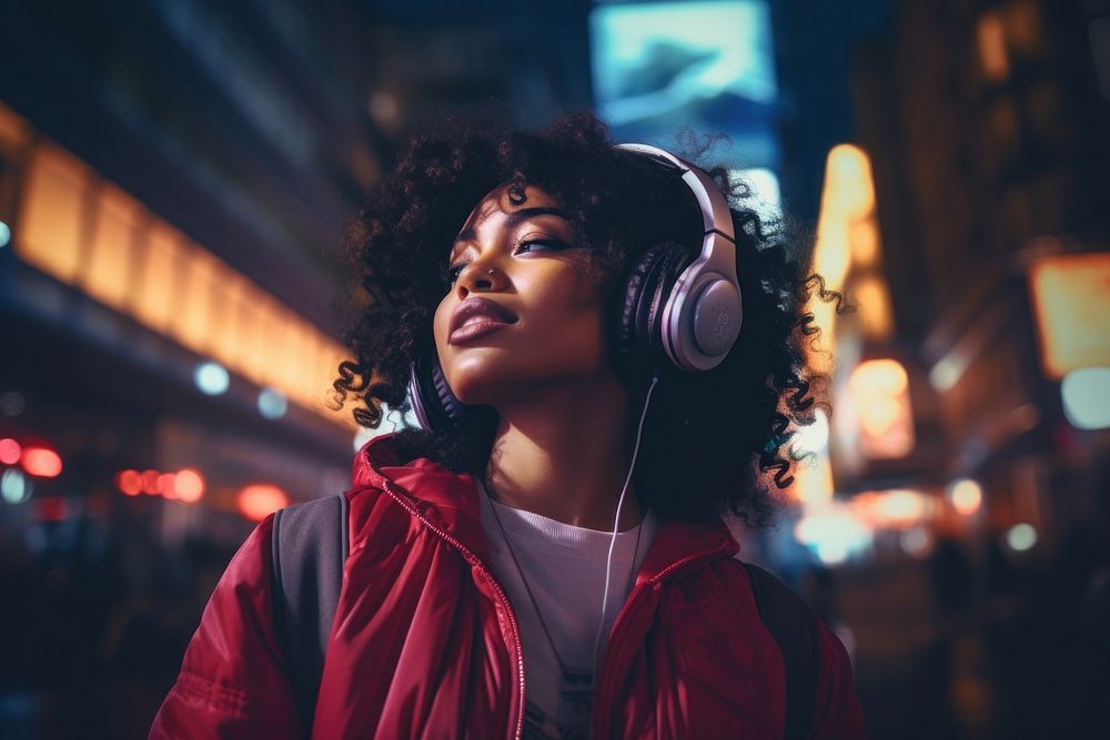 Black woman headphones headset street. AI generated Image by rawpixel.