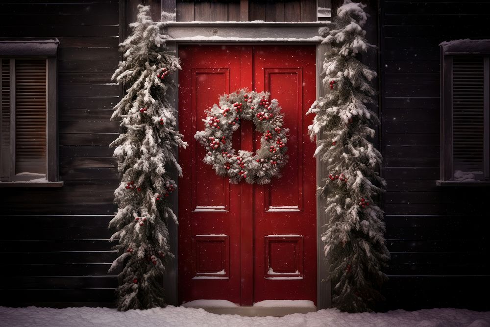 Christmas wreath snow wood door. AI generated Image by rawpixel.
