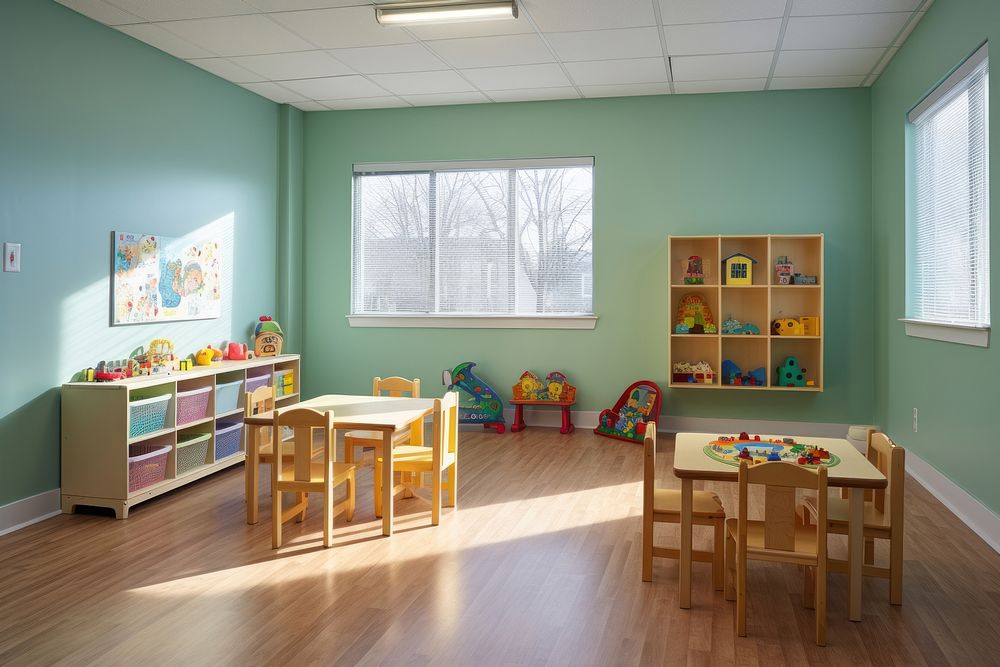 Minimal daycare room kindergarten architecture classroom. AI generated Image by rawpixel.