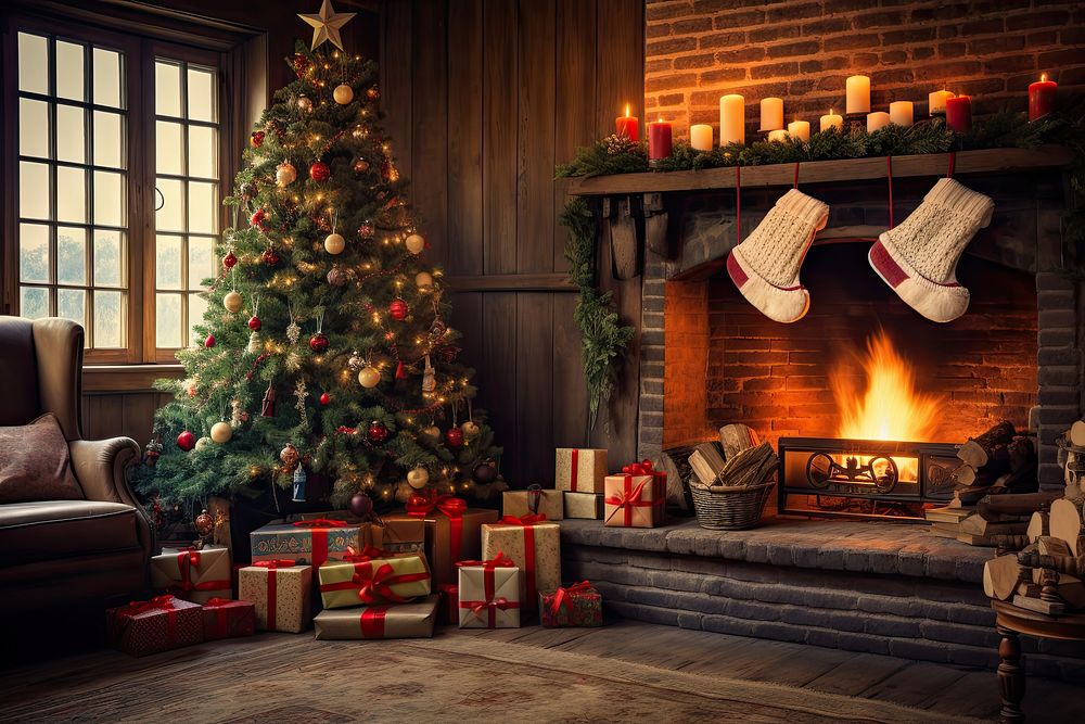 Fireplace christmas hearth tree. AI generated Image by rawpixel.