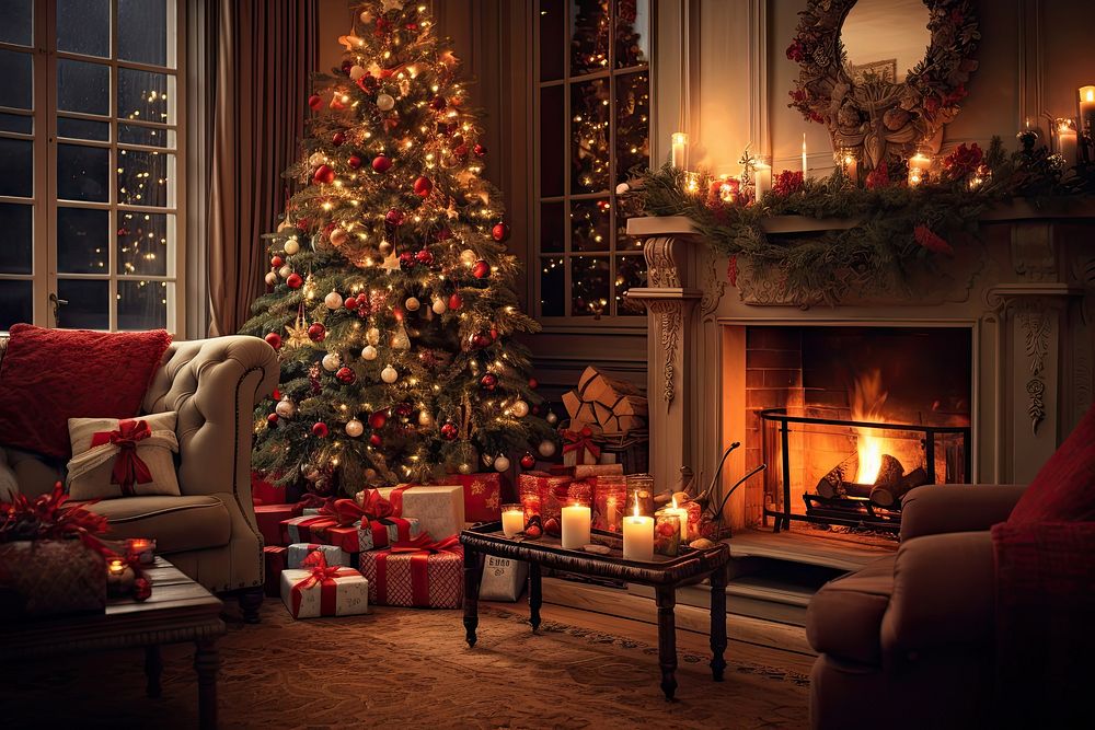 Fireplace christmas architecture furniture. AI generated Image by rawpixel.