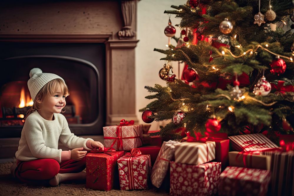 Fireplace christmas child tree. AI generated Image by rawpixel.