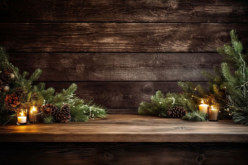 Christmas wooden table tree candle. AI generated Image by rawpixel.
