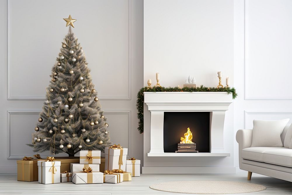 Fireplace christmas tree hearth. AI generated Image by rawpixel.