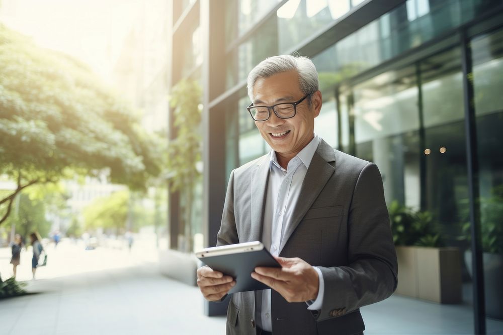 Middle age Chinese business man holding a tablet computer office adult. AI generated Image by rawpixel.