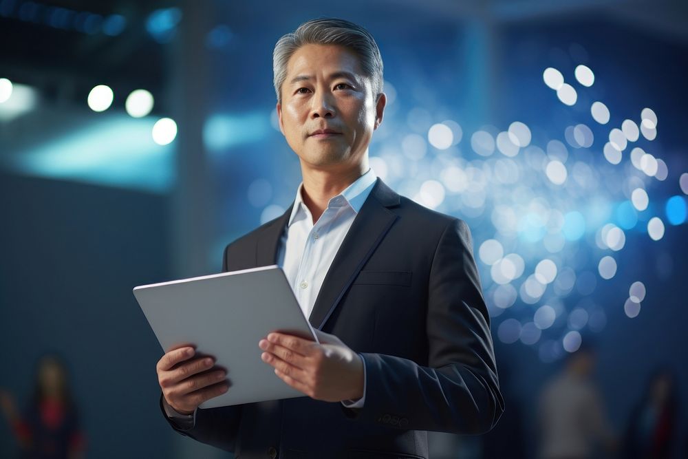 Middle age japanese CEO holding a tablet computer adult electronics. AI generated Image by rawpixel.