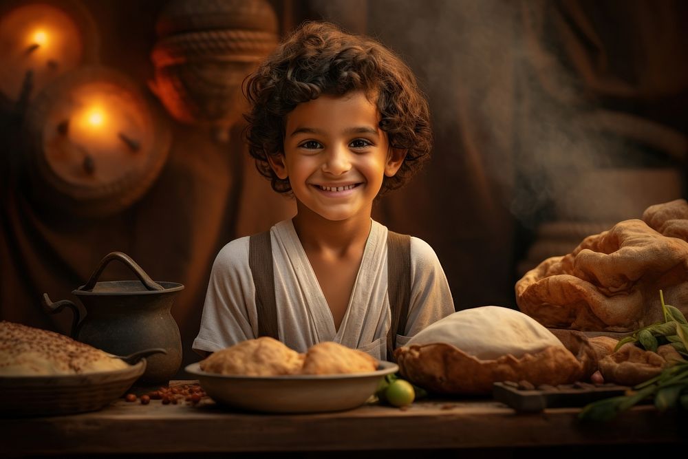 Arabian boy food portrait bread. 