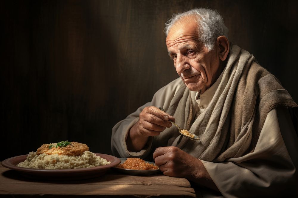Arabian grandfather eating food adult. AI generated Image by rawpixel.
